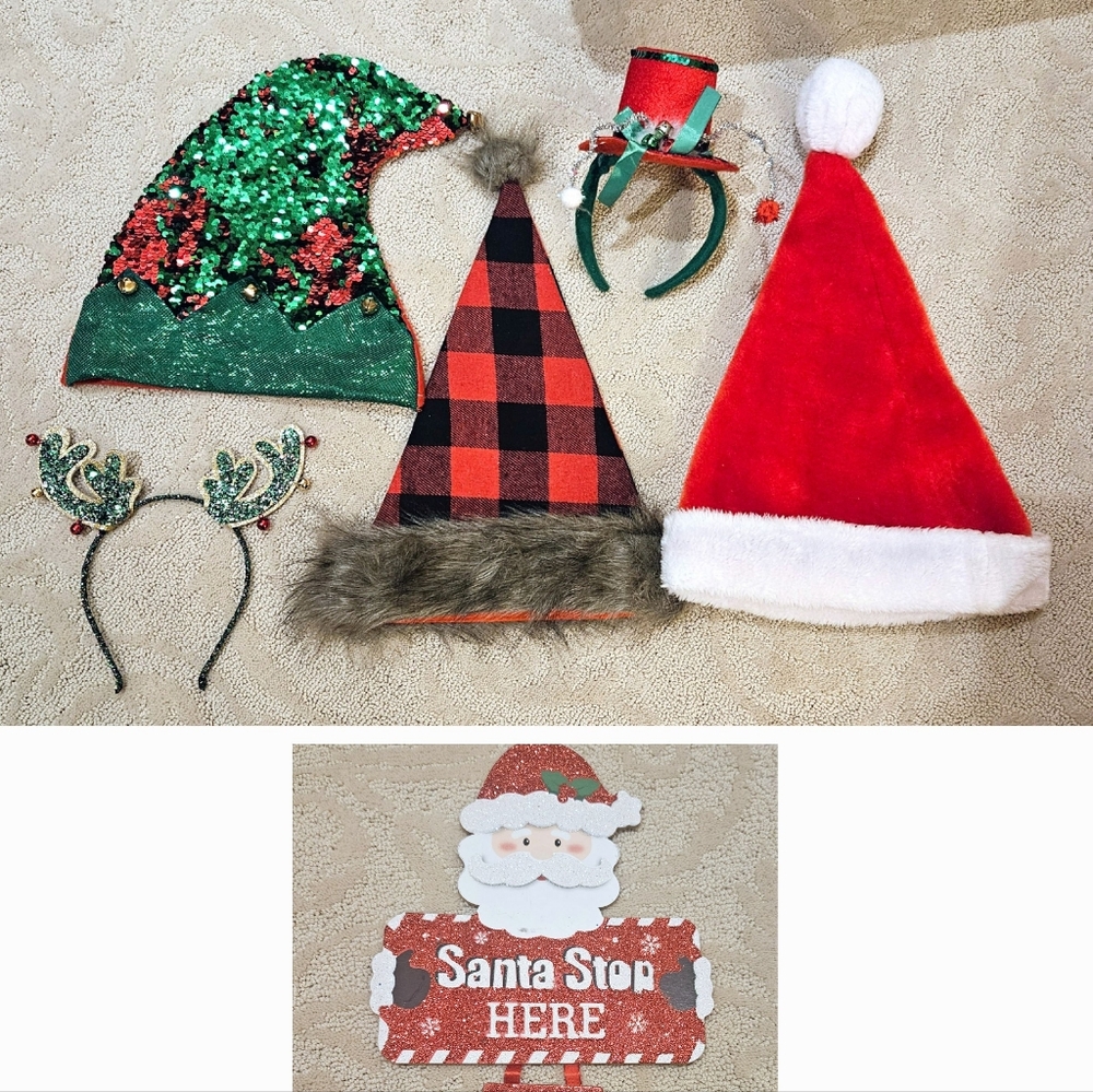 A Lot of Christmas Holiday Hats, Headbands, and Decor Wall Hanging